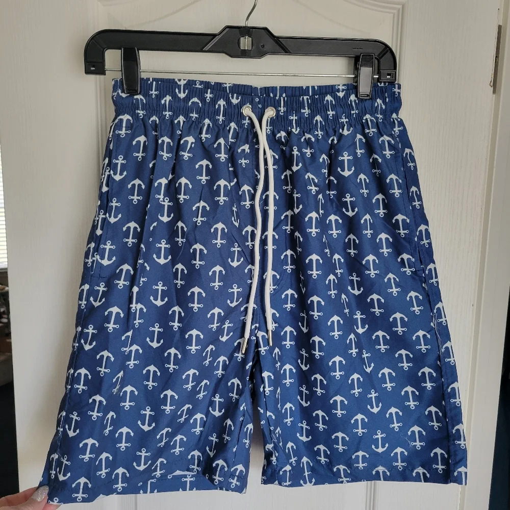 Navy, Olive, and Anchor Print Mens Size Small.Lined Swim Shorts Back To School